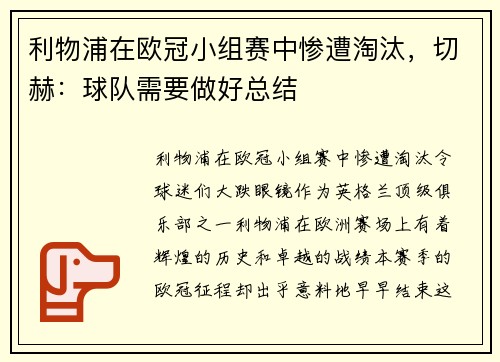 利物浦在欧冠小组赛中惨遭淘汰，切赫：球队需要做好总结